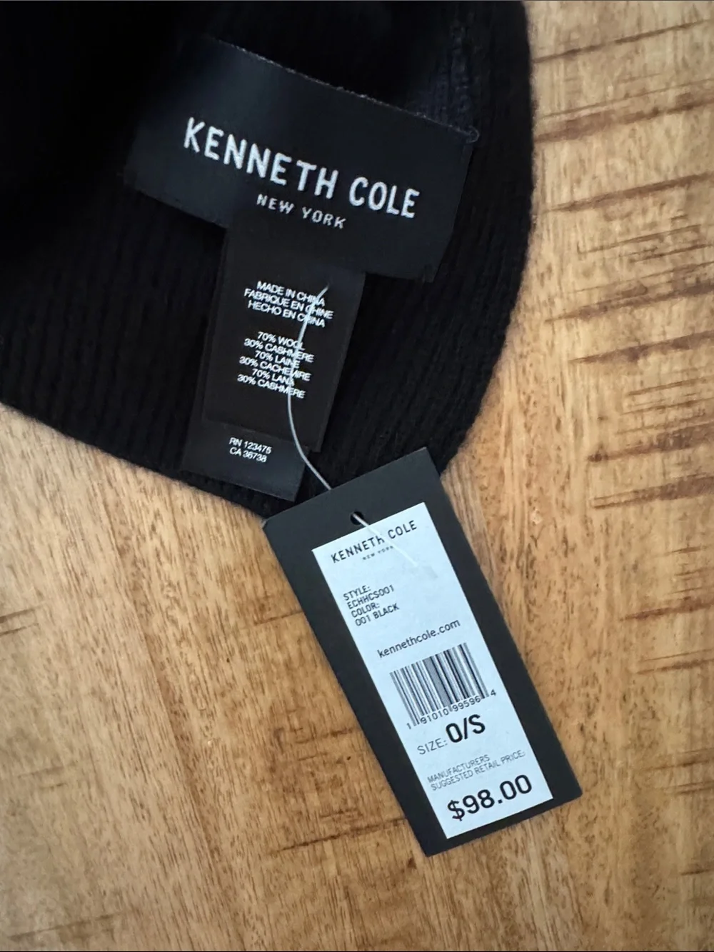 Kenneth Cole Men's Black Ribbed Knit Scarf - wool and cashmere blend 80 inches